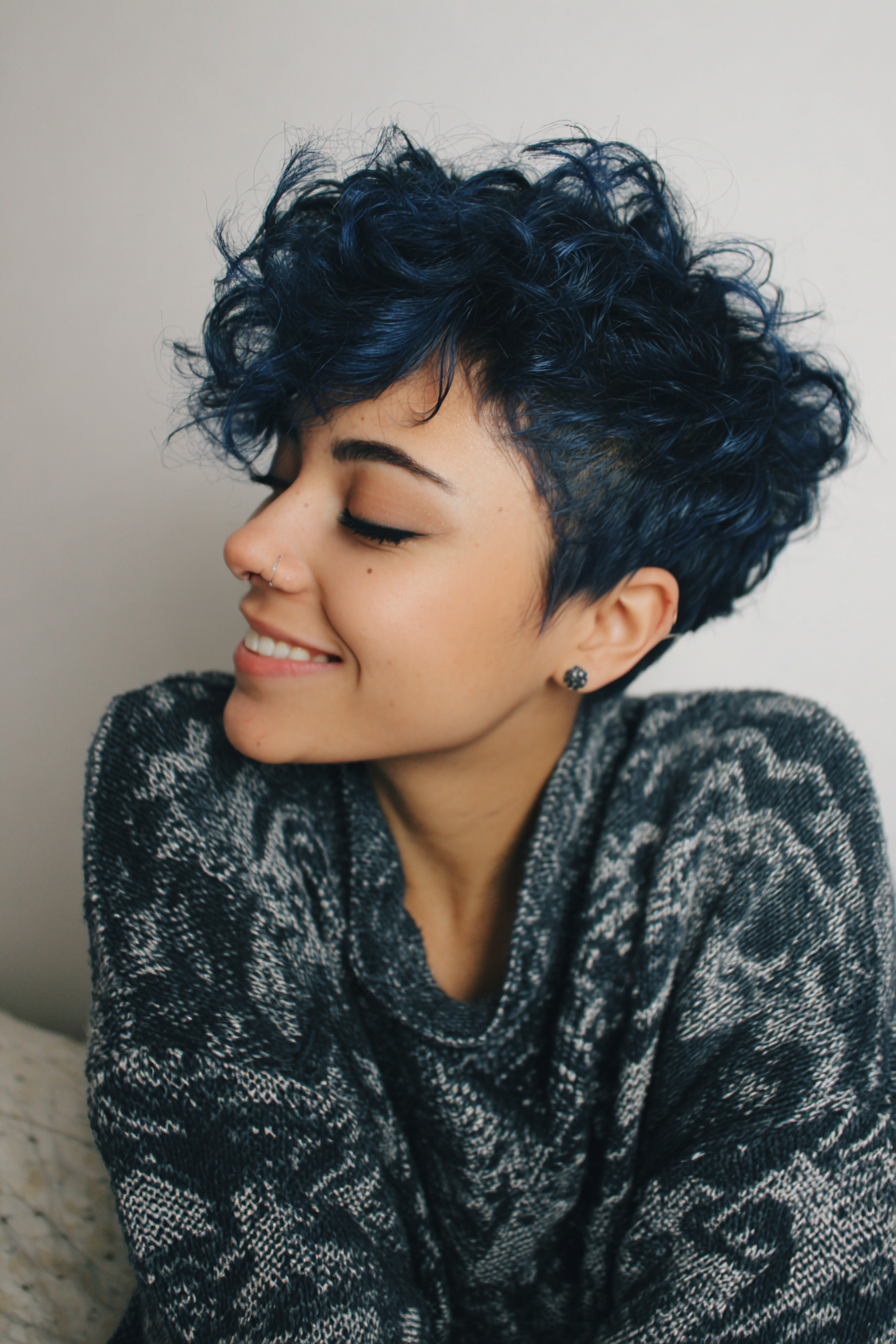 11. Choppy Midnight Blue Curly Pixie (Short Curly Haircuts For Women) - Short Curly Haircuts For Women
