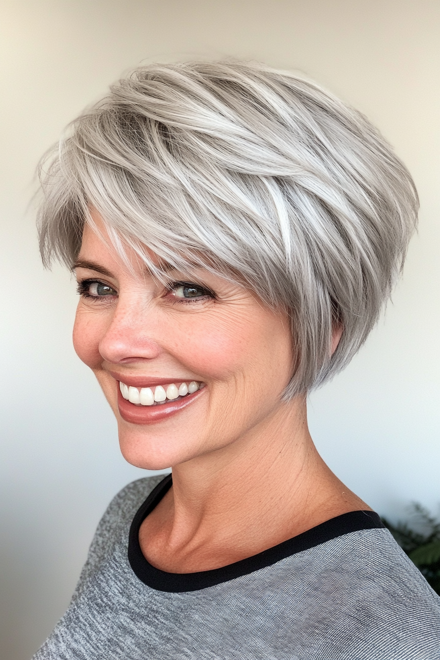 12. Layered Pixie in Cool Silver (Hairstyles For Women Over 50) - Hairstyles For Women Over 50