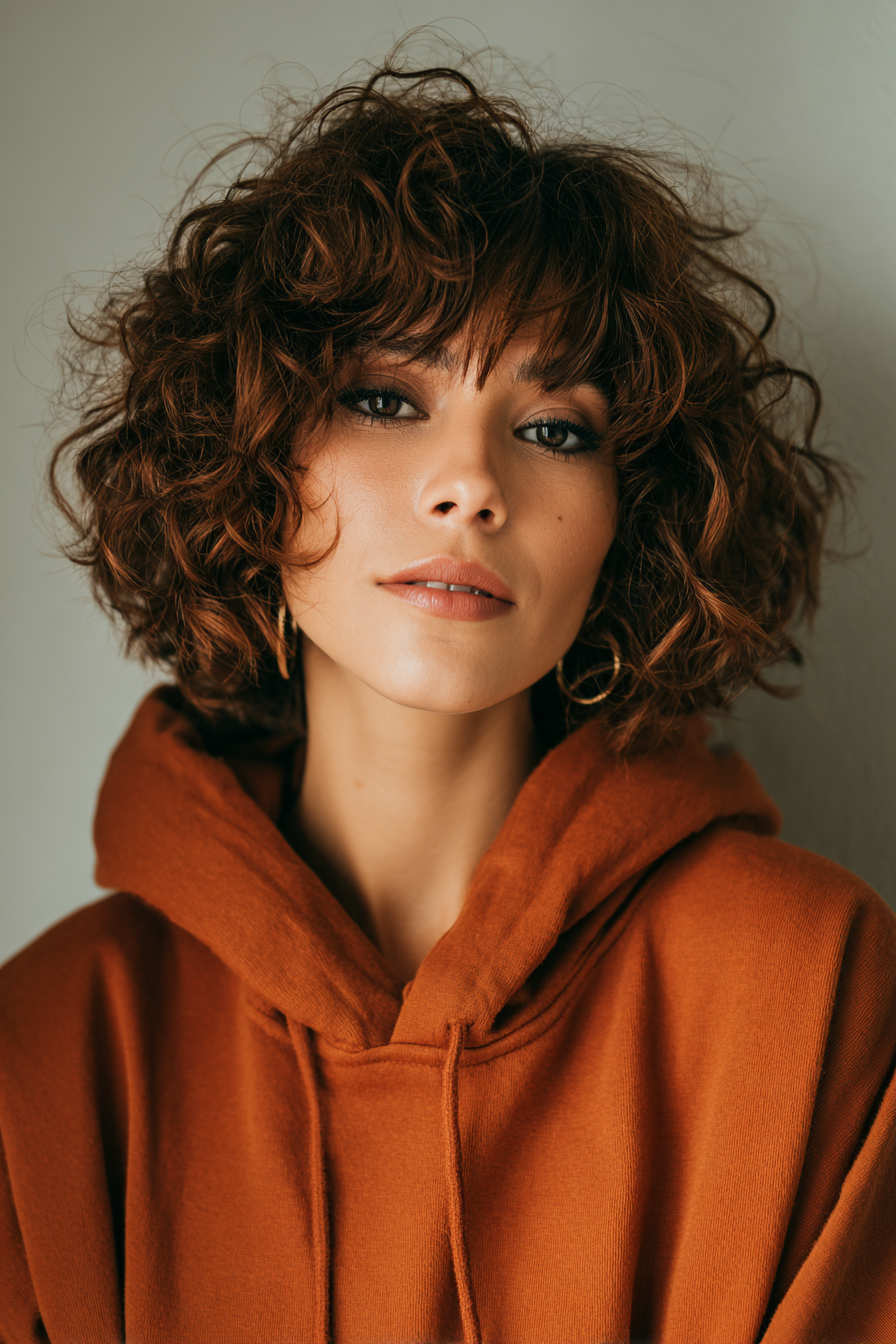 14. Short Cinnamon Curly Bob with Bangs (Short Curly Haircuts For Women) - Short Curly Haircuts For Women