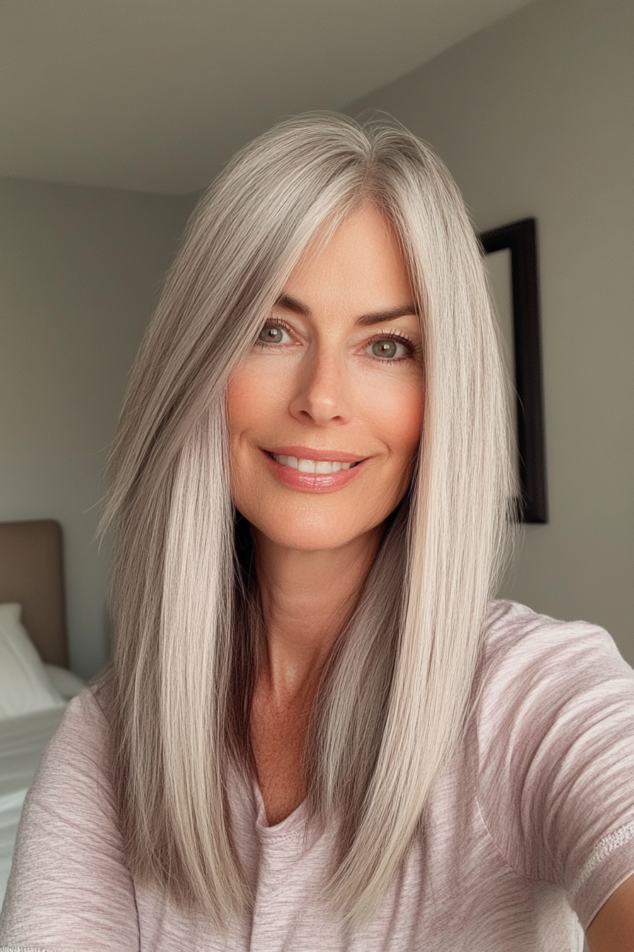 16. Long Bob with Curtain Bangs in Light Ash Blonde (Hairstyles For Women Over 50) - Hairstyles For Women Over 50