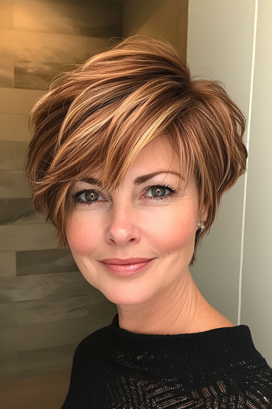 22. Asymmetrical Pixie in Warm Chestnut (Hairstyles For Women Over 50) - Hairstyles For Women Over 50
