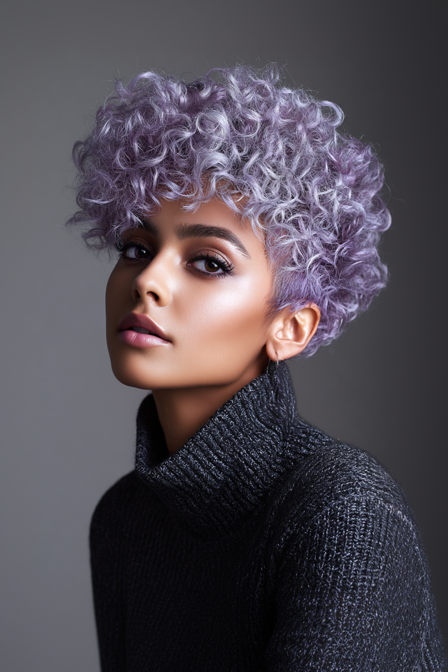 22. Lilac Curls with Micro Fringe (Short Curly Haircuts For Women) - Short Curly Haircuts For Women