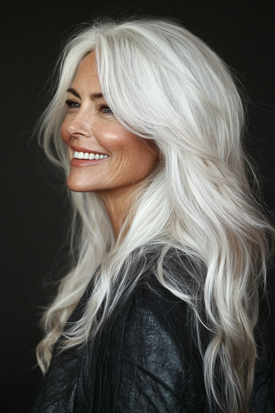 23. Long Layers with Natural White Streaks (Hairstyles For Women Over 50) - Hairstyles For Women Over 50