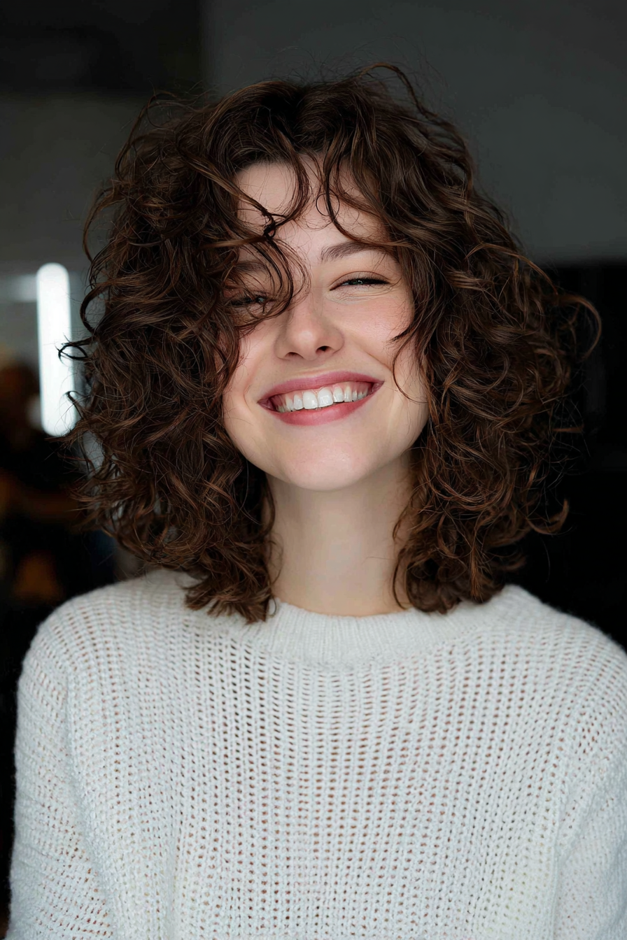 25. Shoulder-Dusted Curly Lob in Soft Brown (Short Curly Haircuts For Women) - Short Curly Haircuts For Women