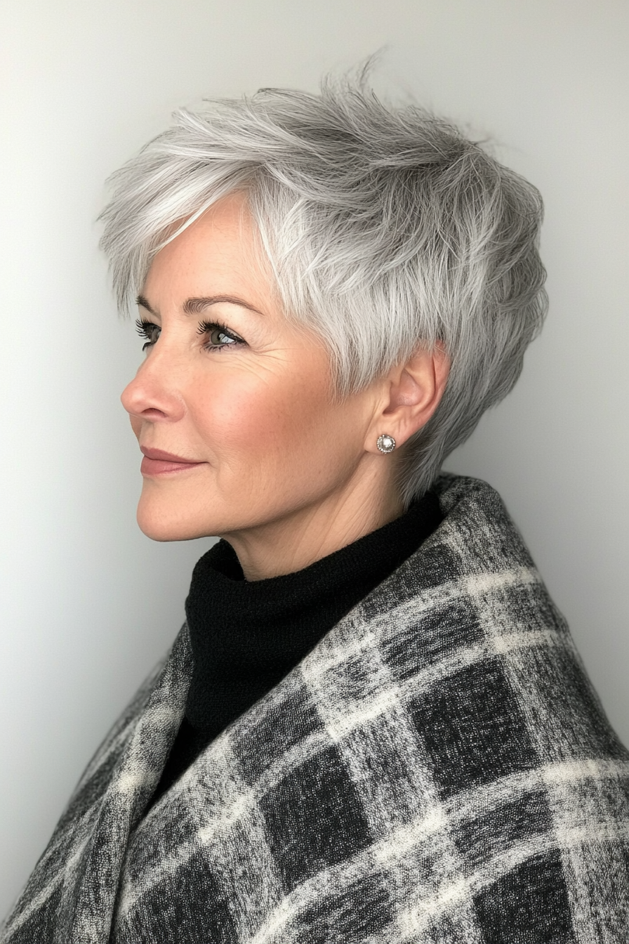 8. Choppy Pixie in Platinum Gray (Hairstyles For Women Over 50) - Hairstyles For Women Over 50