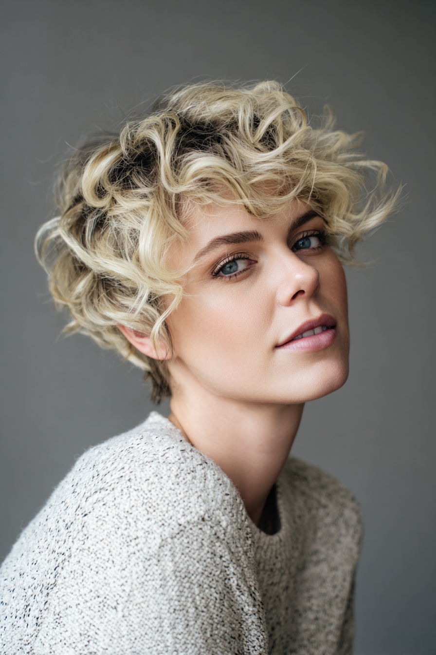 19. Blonde Balayage Curly Pixie Mullet (Short Curly Haircuts For Women) - Short Curly Haircuts For Women