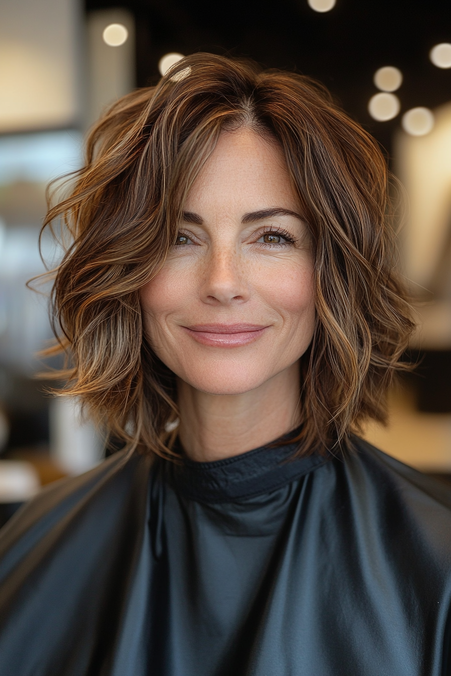 7. Wavy Bob in Caramel Balayage (Hairstyles For Women Over 50) - Hairstyles For Women Over 50