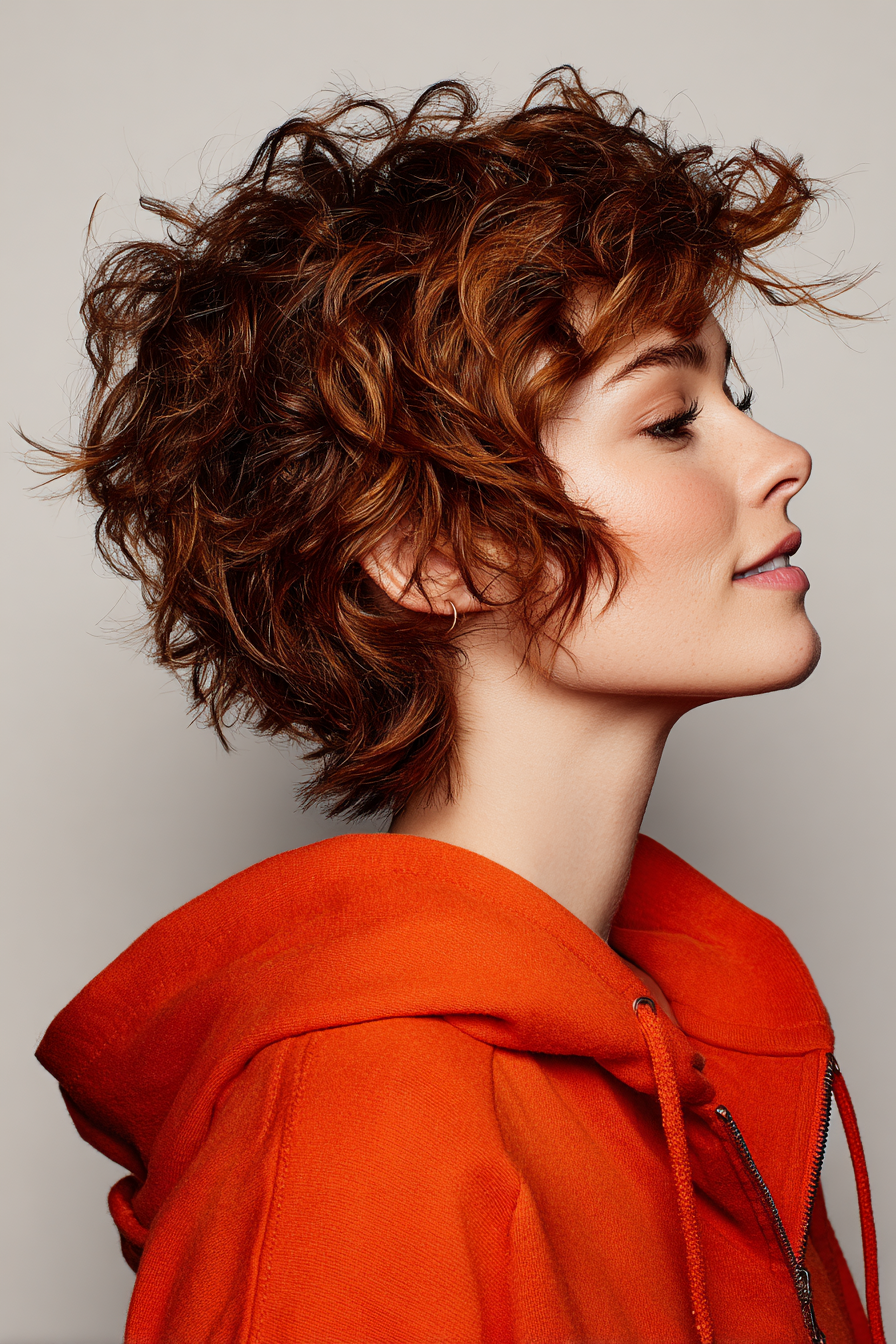 17. Rusty Brunette Razor Shag (Short Curly Haircuts For Women) - Short Curly Haircuts For Women