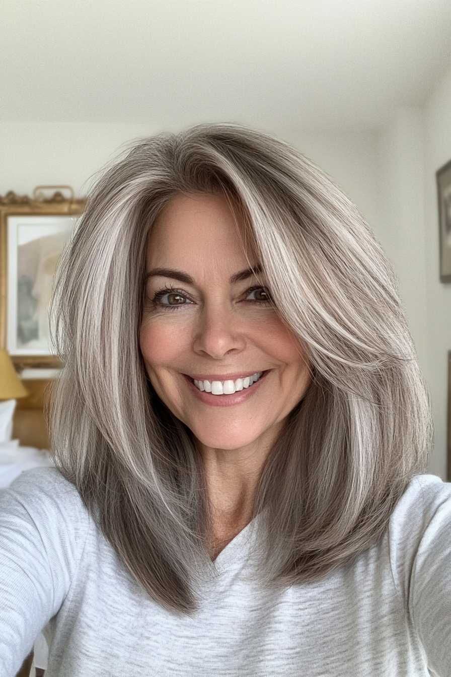 4. Feathered Lob in Ash Brown (Hairstyles For Women Over 50) - Hairstyles For Women Over 50