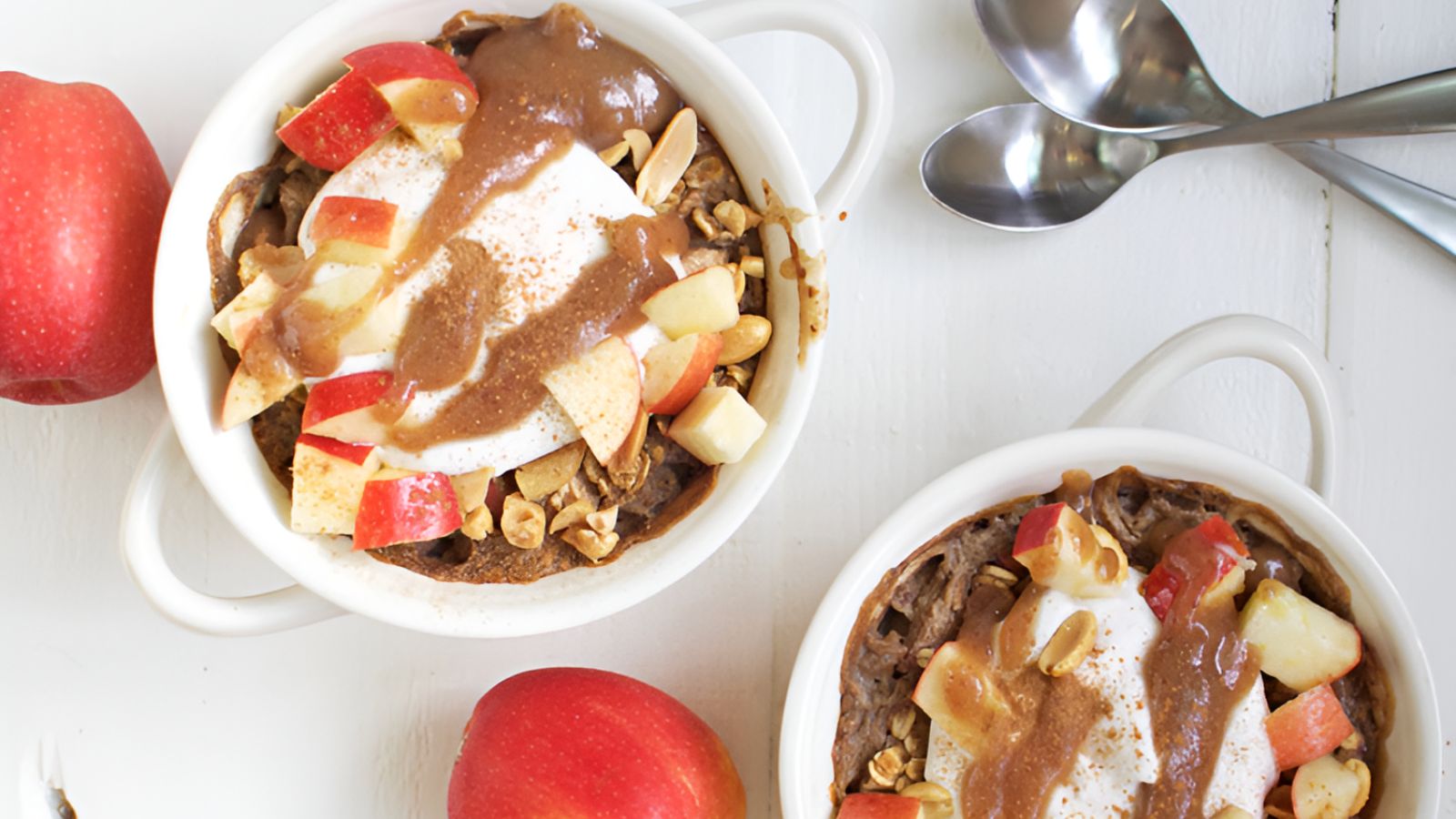 Creamy Apple Baked Oatmeal in white bowls.